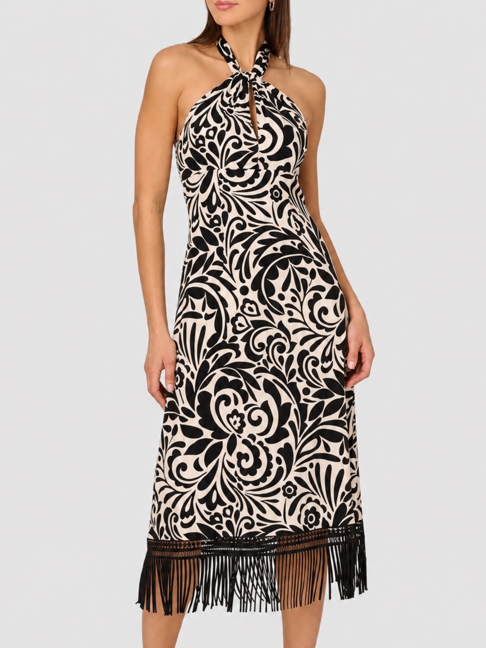 🆕🖤Adrianna Papell Black Printed Midi Dress Size 10 Boho Resort Vacation Dress